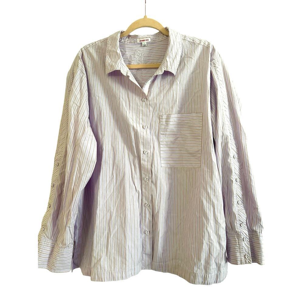 JOHNNY WAS Giani Relaxed Pocket Striped Button Down Shirt Lilac - Sz Large - Picture 3 of 7